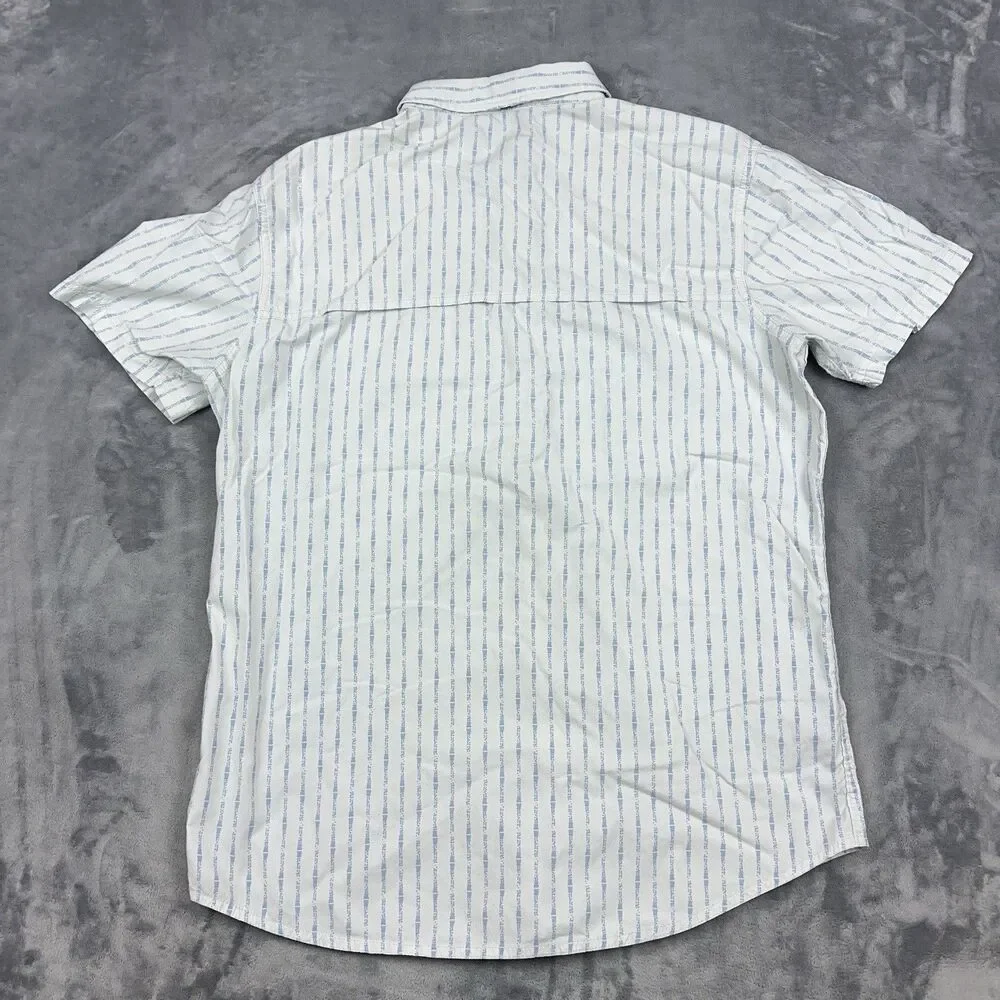 prAna Torres Shirt Mens Size M White Blue Striped Slim Fit Button Up Vented